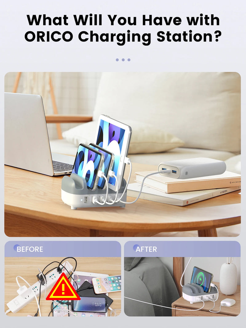 ORICO 5 Ports USB Charging Station Dock with Holder 40W 5V2.4A USB Charging Free USB Cable for iPhone PC Tablet