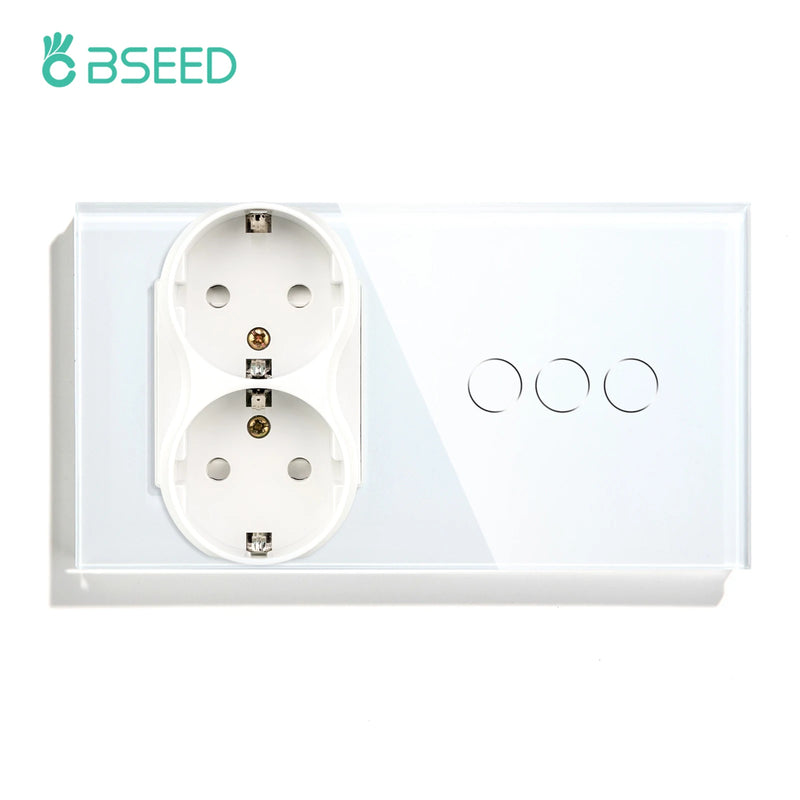 BSEED Wall Electrical Socket With 1/2/3Gang 1Way Touch Light Switch USB Type-c Charge Power Outlet Glass Panel White Wall Switch