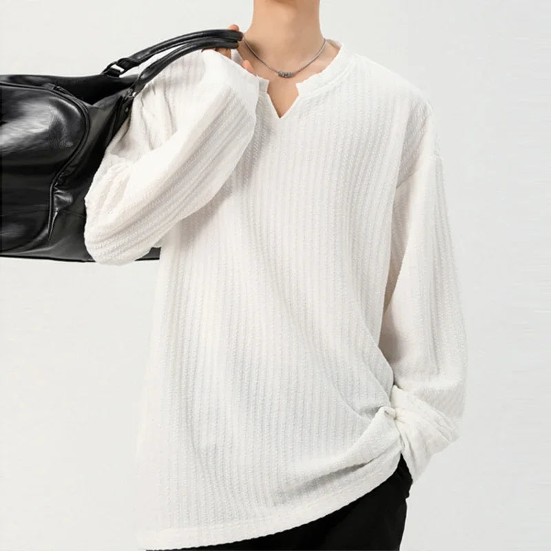 Male Trendy Vertical Weave Top Long Sleeve Notch Neck Irregular Hem Suitable For Dating Weekend Outings Street Scenes