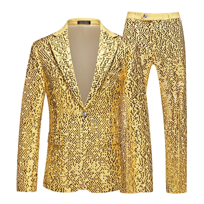2026 New Men's Silver Suit Two-Piece Set, Wedding Party Jacket with Matching Pants, Asian Sizes, Available in Gold, Red, Blue