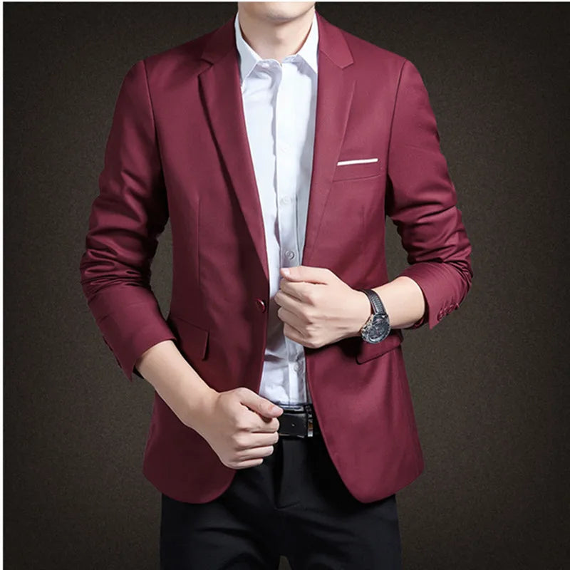 Men's Red Suit Jacket in Asian Sizes; Slim-fit Blazer for Weddings, Parties, and the Office; Available in Blue, Black, Gray.