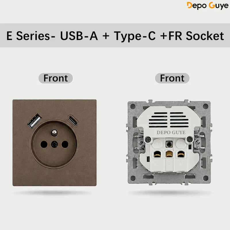 Brown EU Russia Socket with USB TypeC+A Double French 1 2 Gang TV Computer CAT6 Switch DIY Function Parts Plastic Frames
