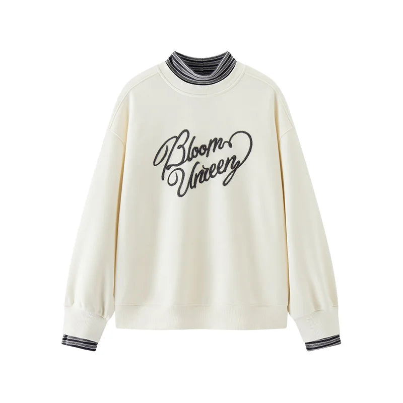Semir Women Sweatshirt Fleece Lined Layered Look Panelled Design Stripe Pattern Embroidered Detail Stand Collar 2026 Winter