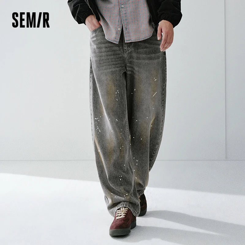 Semir Men Jeans 2026 Spring New Vintage Washed Distressed Wide Leg Arc Shape Splash Ink Retro Style Pants