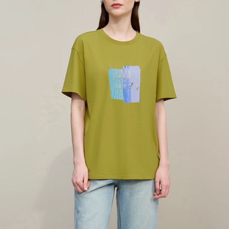 Amii Women's Tee Shirt 2026 Summer New O-Neck Printed Embroidered Cotton T-shirt Drop Shoulder Short Sleeve Elastic Top 12642009
