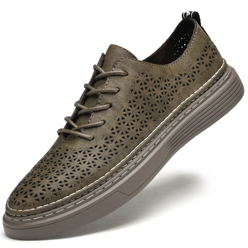 Summer Autumn Mens Retro Leather Casual Shoes Men Hollow Flat Shoes With Holes Big Size 46 47 Breathable Comfortable