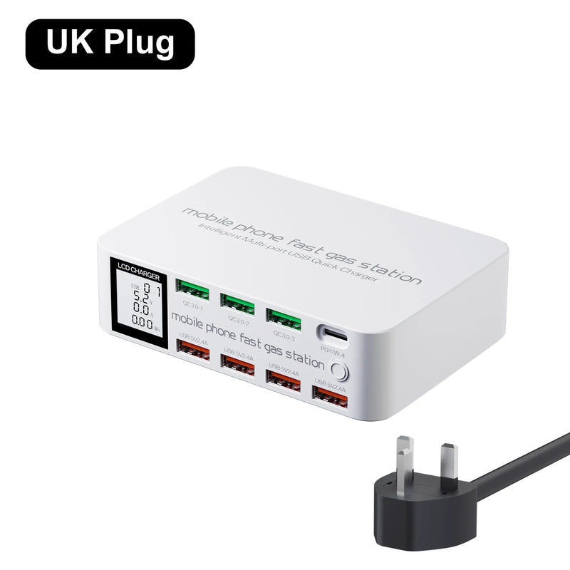 ឆ្នាំងសាក USB C 8 រន្ធ សាកលឿន QC3.0 PD3.0 ពហុ USB LCD អេក្រង់ឌីជីថល ស្ថានីយ៍សាកថ្មសម្រាប់ iPhone 17 16 Android