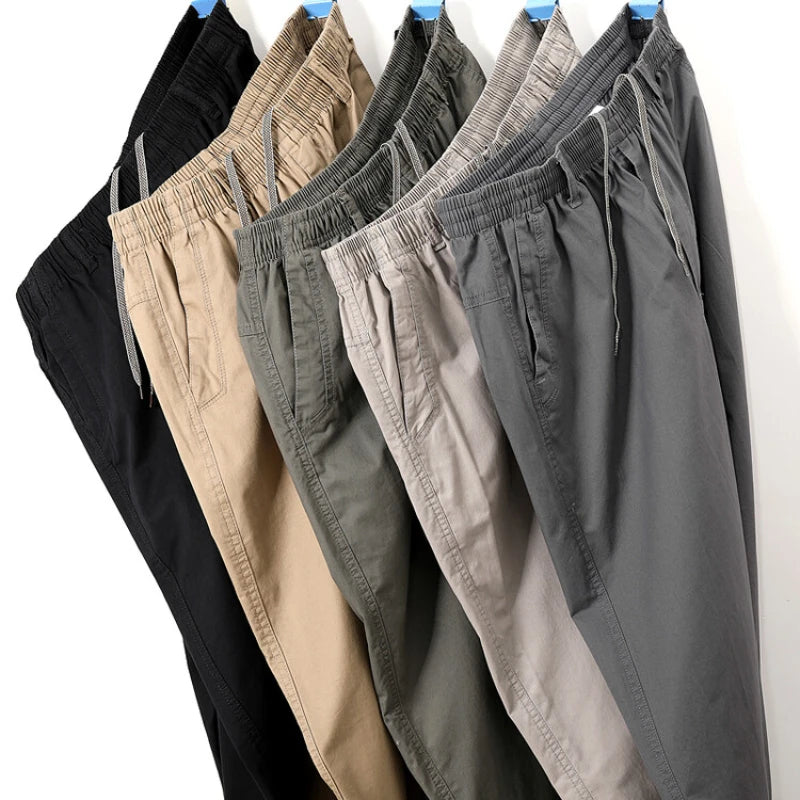 Men's Straight Cargo Trousers, Casual Pants, Monochromatic, Plus Size, M-6XL, Elastic Waist, 100% Cotton, Ninth Pants, 2024 New