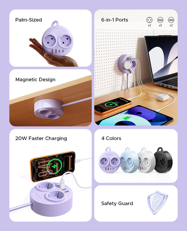 ORICO Magnetic EU Power Strip PD 20W Fast Charging Station 2AC Type C USB A Port 1.6M Electric Extension Cord for Home Office