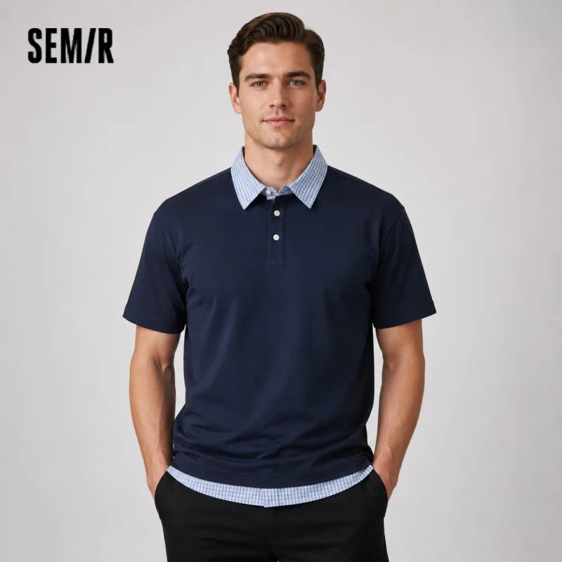 Semir Mens Polo 2026 Fake Two Piece Spliced Lapel Knitted Button Half Placket Casual Soft