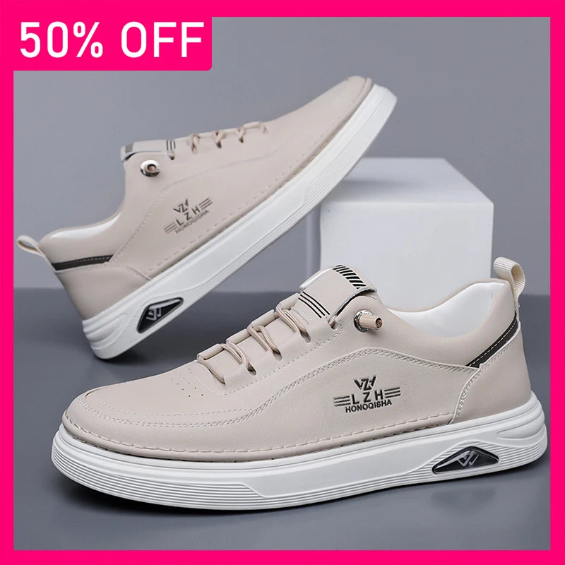 Men Casual Shoes Anti Slip Thick Sole Comfortable Soft Leather Breathable Fashionable Versatile Lace Up Outdoor Walking Shoes