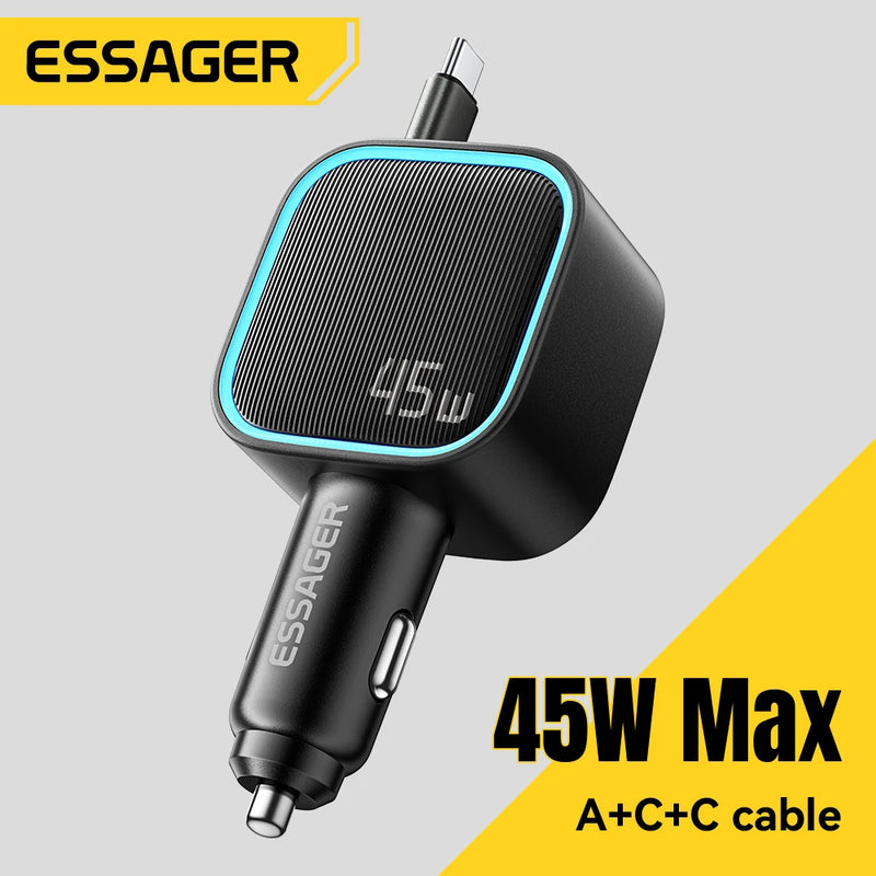 ឆ្នាំងសាករថយន្ត ESSAGER 45W ជាមួយខ្សែរ 75CM អាចដកថយបាន PD សាកថ្មលឿន 3 រន្ធ USB C & A សម្រាប់ iPhone 17 16 15 Huawei iPad