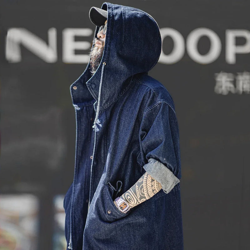 Maden Retro 10.2oz M51 Denim Jackets Fishtail Windbreaker Loose Mid-Length Solid Color Hooded Jackets for Men's Autumn Tops