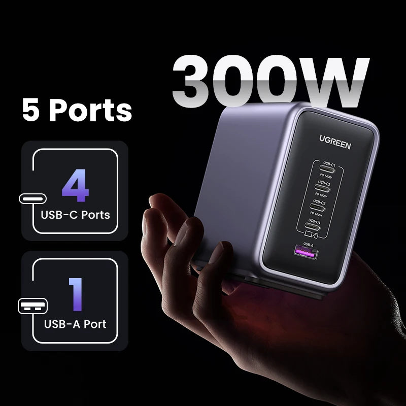 【Korean Plug】UGREEN 300W GaN Charger 5 IN 1 Desktop Charging Station PD3.1 Fast Charger for MacBook Pro iPad Tablet iPhone 18