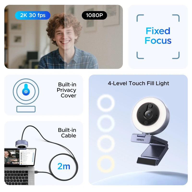 UGREEN USB Camera Webcam For PC with Fill Light 2K30 Fixed Focus, 1.5m Cable