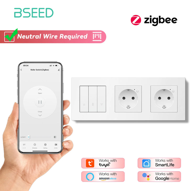 BSEED E Series Zigbee Shutter Switch Smart Click Button Switch for Blinds Plastic Frame Support Tuya Smart Life Alexa Control