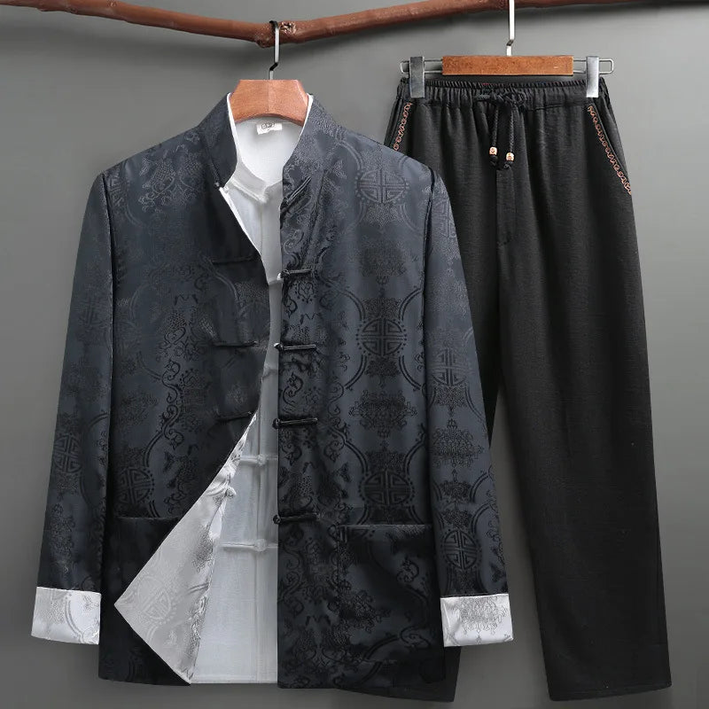 Men's Blue Two-piece, Tang-style Suit: A Chinese-style Single-breasted Stand-collar Jacket in Jacquard Fabric Paired with Pants.