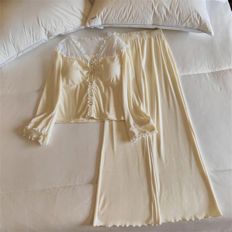 ឈុតគេងផ្អែមល្ហែម កោះ Velvet ក្តៅរដូវរងា គេងក្រាស់ បន្ទះទ្រូង អាវដៃវែង អាវគេងនារីជាមួយខោ ឈុតផ្ទះ