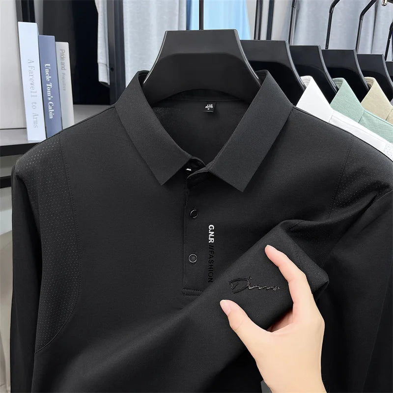 Luxury Men Long-Sleeve Polo Shirt Lapel Button Letter Print Breathable Autumn Winter New Leisure Sports Versatile Men's Clothing