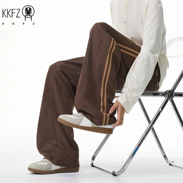 Men Casual Sporty Straight Pants Elastic Drawstring Waist Side Tape Detail Loose Wide Leg Daily Street Garment