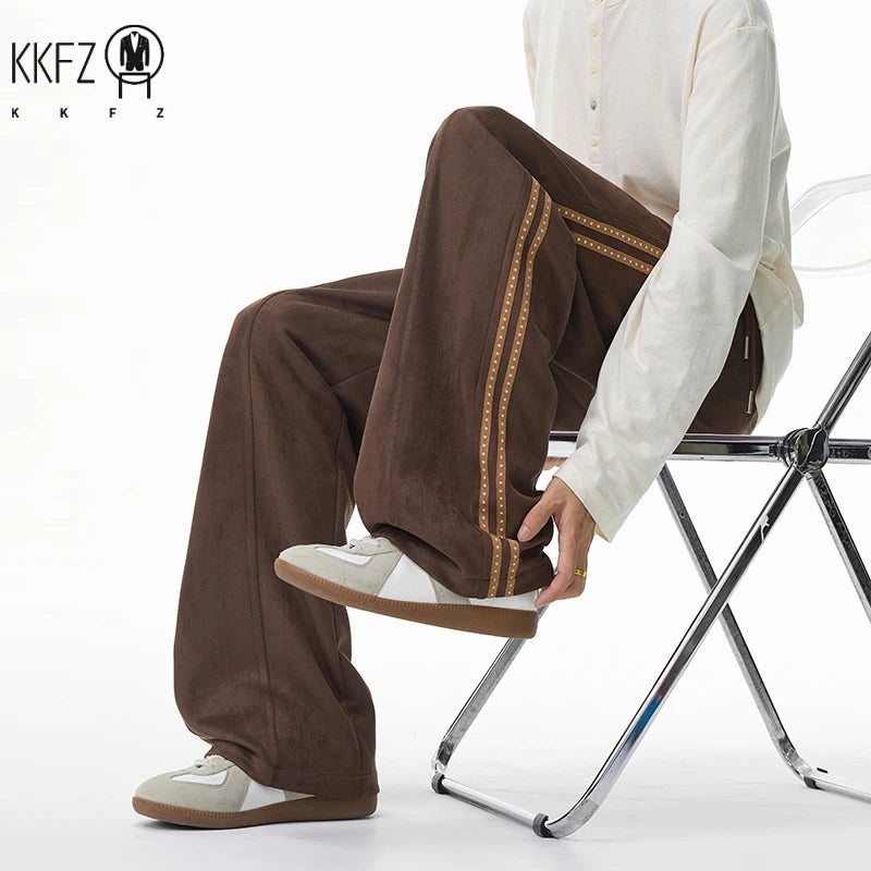 Men Casual Sporty Straight Pants Elastic Drawstring Waist Side Tape Detail Loose Wide Leg Daily Street Garment