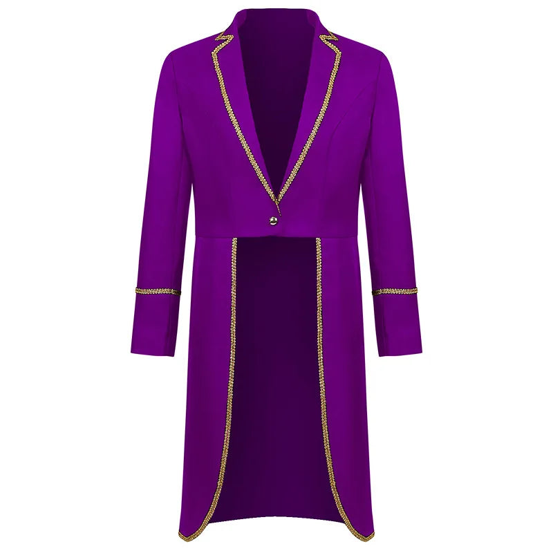 2026 Medieval Style Thin Men's Retro Mid-Length Punk Coat with Gold Trim Trench for Halloween Cosplay in Red Green Purple Jacket