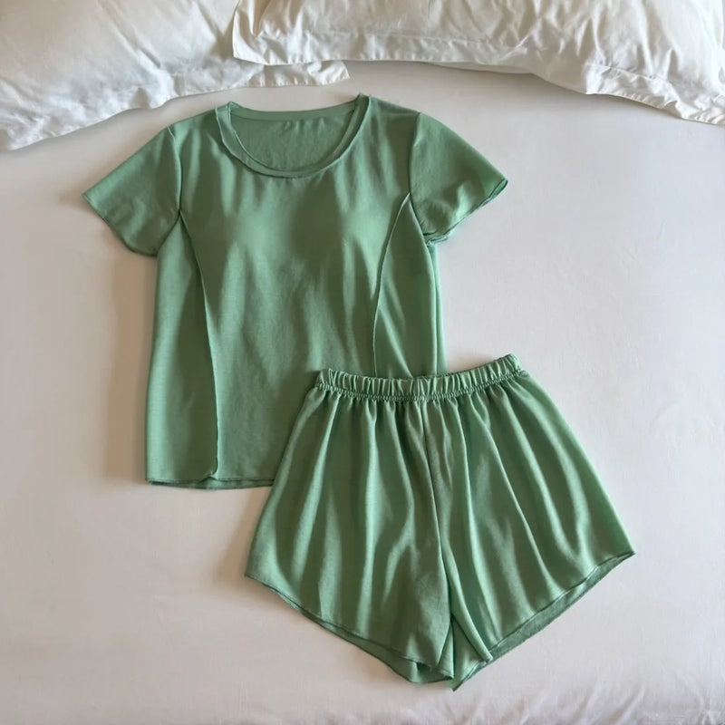 Summer Thin Short Sleeve Sleepwear Women's Pajamas Set New Chest Pad Homewear Nightwear Woman Clothing Set 2 Piece Pijama Suit