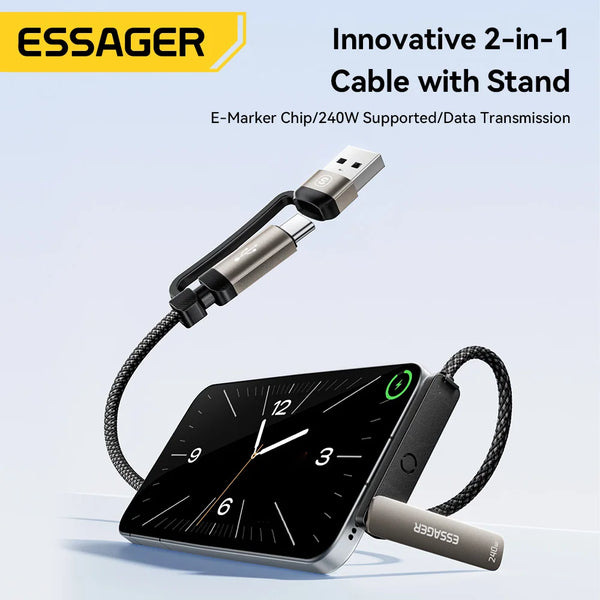 ខ្សែសាក Essager 2 ក្នុង 1 Elbow 240W USB C ជាមួយជើងទម្រទូរស័ព្ទសម្រាប់ iPhone 17 16 Pro Max iPad ខ្សែសាកប្រភេទ C សម្រាប់ Macbook Xiaomi Samsung S25