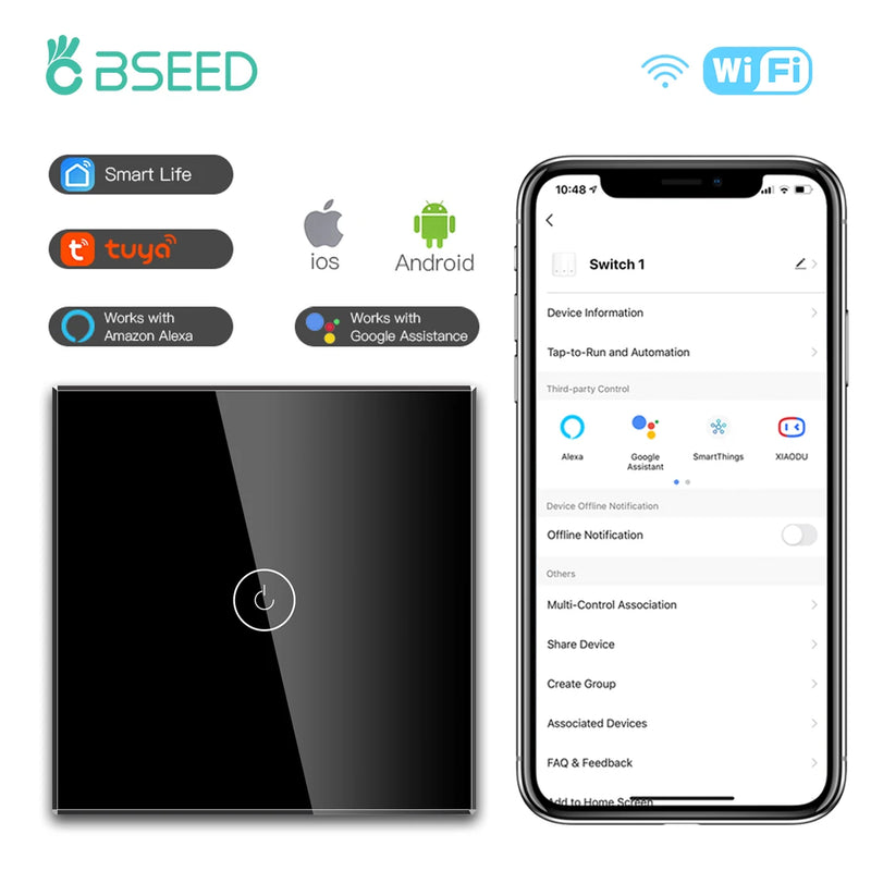 BSEED WIFI Touch Switch 1/2/3Gang 2Way Wifi Smart Switch Touch Sensor Wall Switch Tuya Google Alexa Smart Life Control