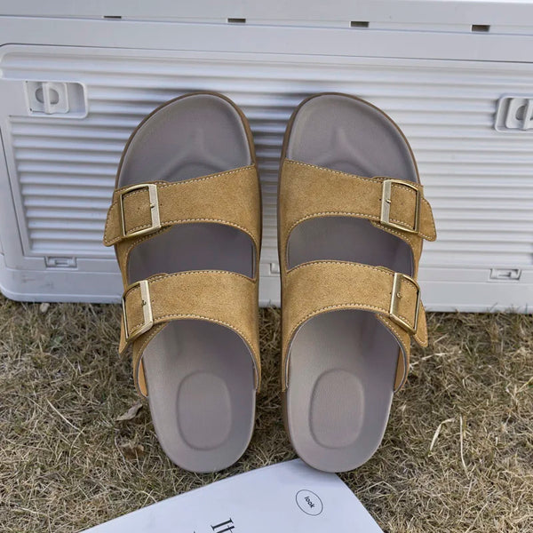 Men Women Two Strap Buckle Slide Sandals Adjustable Metal Buckle Comfort Footbed Flat Slides Orthopedic Summer Beach Slippers