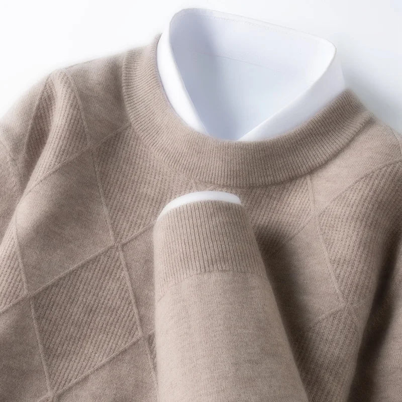 100% Wool Sweater, Diamond Knit Hand-Knit Texture, Autumn Winter Warm, Cambridge Brown Business Casual Pullover