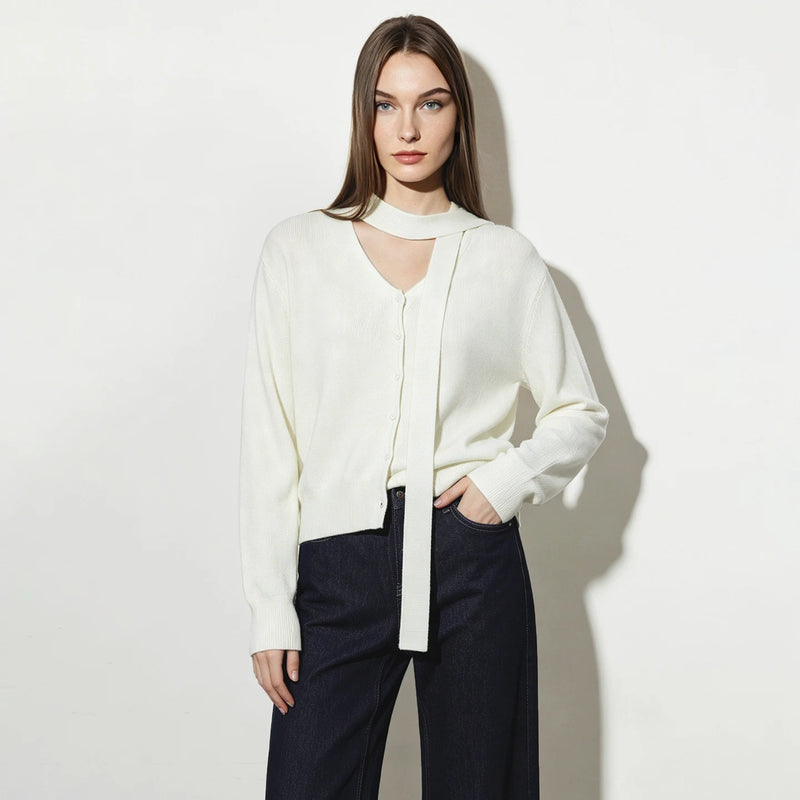 Amii Cardigan Loose Fit V-Neck Tie Detail 2026 Autumn New Office Elegant Single Breasted Long Sleeve Knitted Woman Tops 12643068