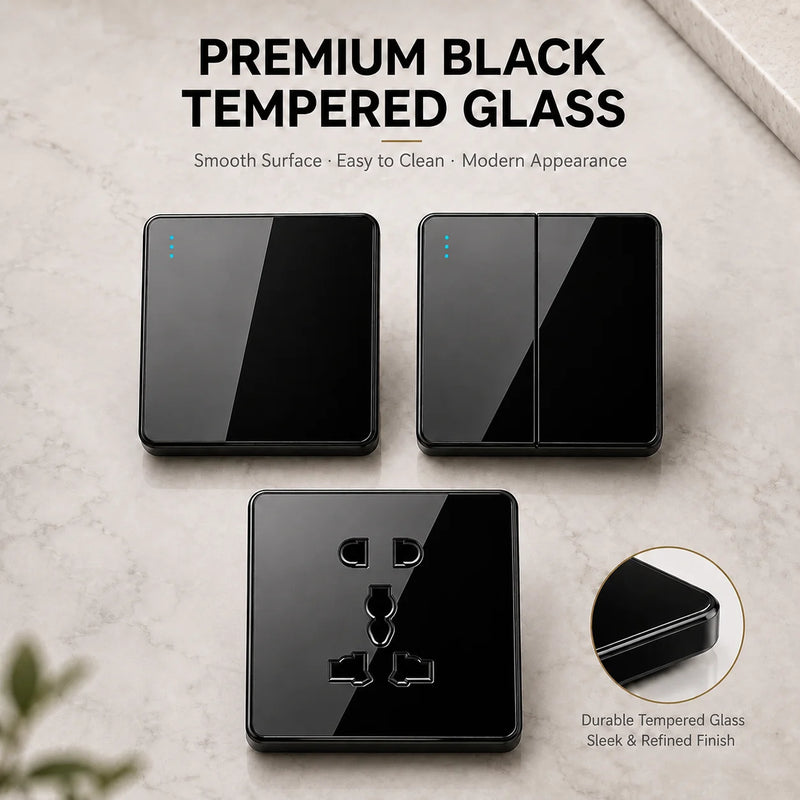 Luxury All Tempered Glass Wall Light Switch Button Black UK Plug 13A Universal Wall Socket with Usb ,220V1gang2way Speed Switch