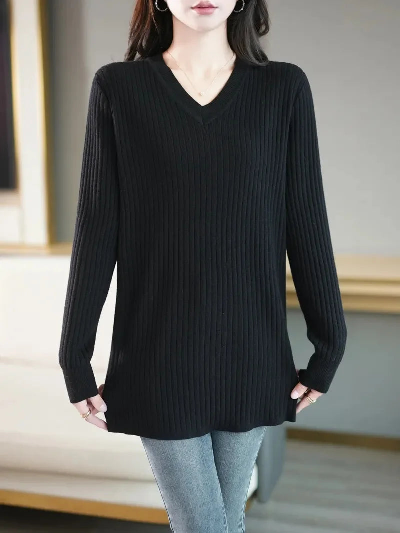 Solid Stretch Female Jumper Top Spring Autumn Large Size Knitted Sweater Women's Pullovers Casual V-Neck Long Knitwear Dress