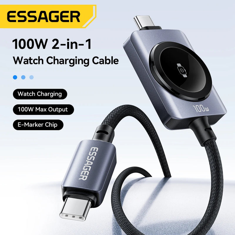 ខ្សែសាកនាឡិកា Essager 100W 2 ក្នុង 1 សម្រាប់ iPhone17 16 15 Pro Max iWatch ឆ្នាំងសាកម៉ាញេទិកប្រភេទ C ទៅប្រភេទ C ខ្សែសាកលឿន