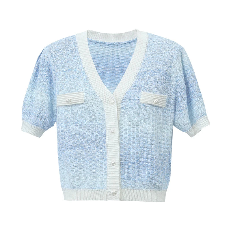 Amii V-Neck Women’s Cardigan 2026 Summer New Elegant Short Sleeve Breathable Knitted Top Casual Cropped Cardigans Lady 12642191