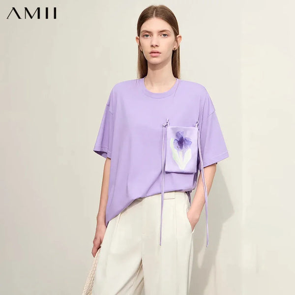 Amii Minimalism T-shirt Women's 2026 Summer Knit Casual Print Pockets Short-sleeve Cotton Loose Tee Elastic O-Neck Tops 12442008