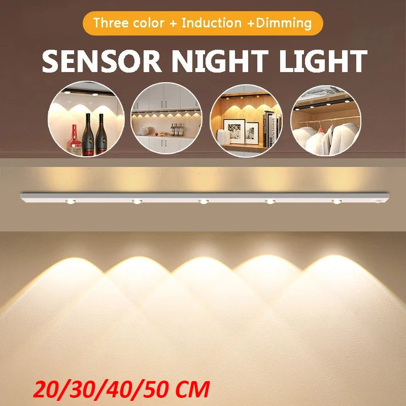 ភ្លើង LED ទំហំ 20/30/40/50 សង់ទីម៉ែត្រ នៅក្រោមទូខោអាវ ភ្លើងបំភ្លឺក្នុងផ្ទះ ឧបករណ៍ចាប់សញ្ញាចលនា ចង្កៀង LED ស្តើងបំផុត ភ្លើងពេលយប់អាចសាកបានដោយ USB