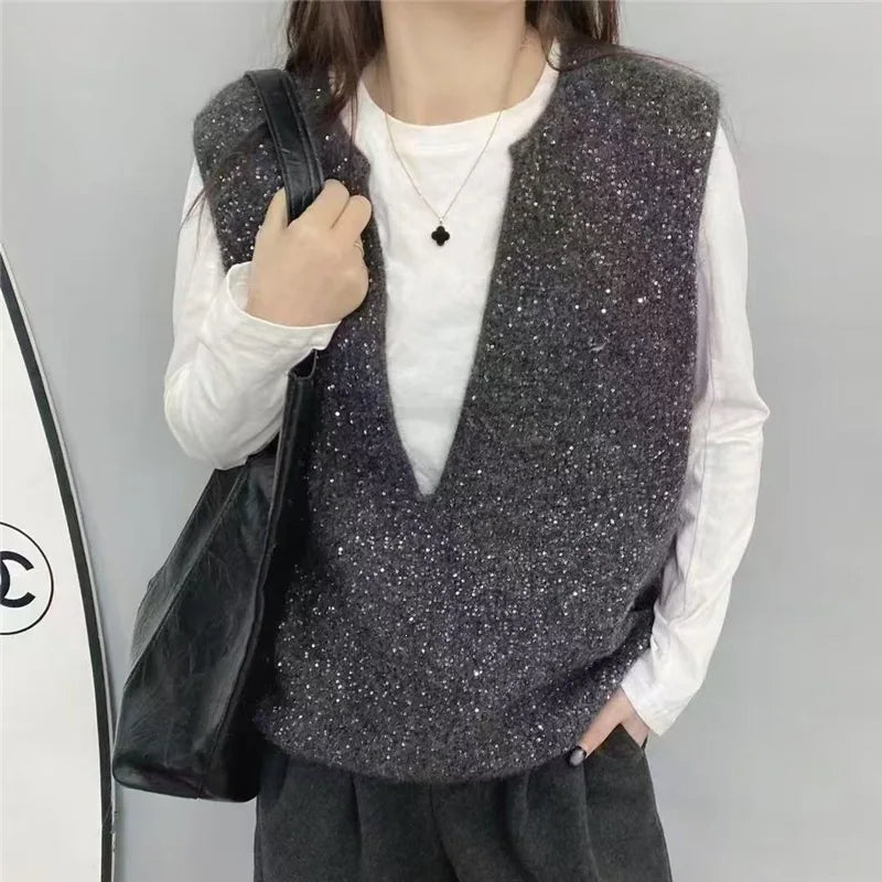 2026 V-neck Sequined Vest Large Size Women's Clothing Spring and Autumn Loose Sleeveless Top Knitwear Ladies Sweater Waistcoat