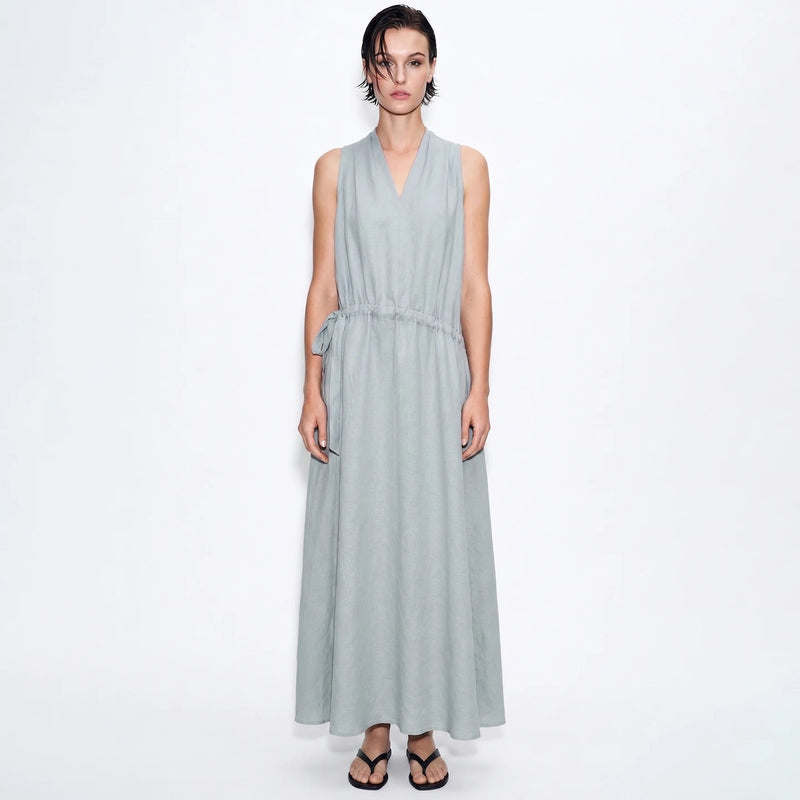 Amii Sleeveless Womens Dresses 2026 Summer New V-Neck Linen Blend Breathable Drawstring Tie A-Line Elegant Long Dress 12652013
