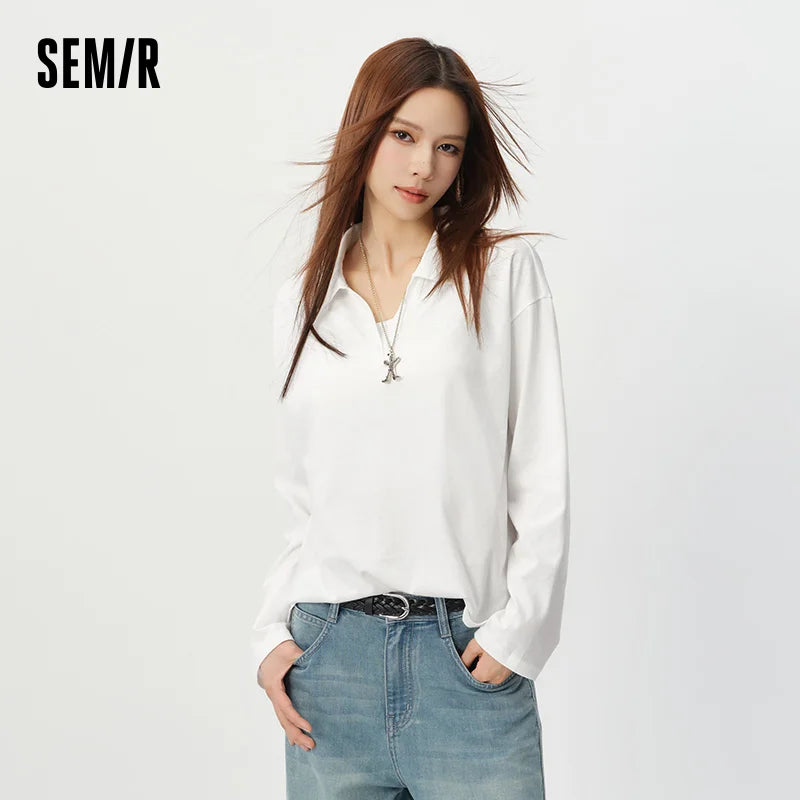 Semir Women Polo Shirt White Long Sleeve Loose Printed Minimalist Lazy Versatile Pullover 2026 Summer Top