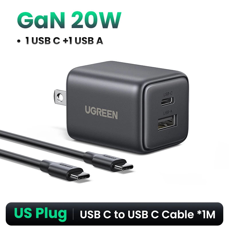 UGREEN 20W GaN Charger PD3.0 QC3.0 Mini USB C Phone Charger For iPhone 18 17 16 Pro Max Samsung S26 Xiaomi Tablet iPad Air Pro