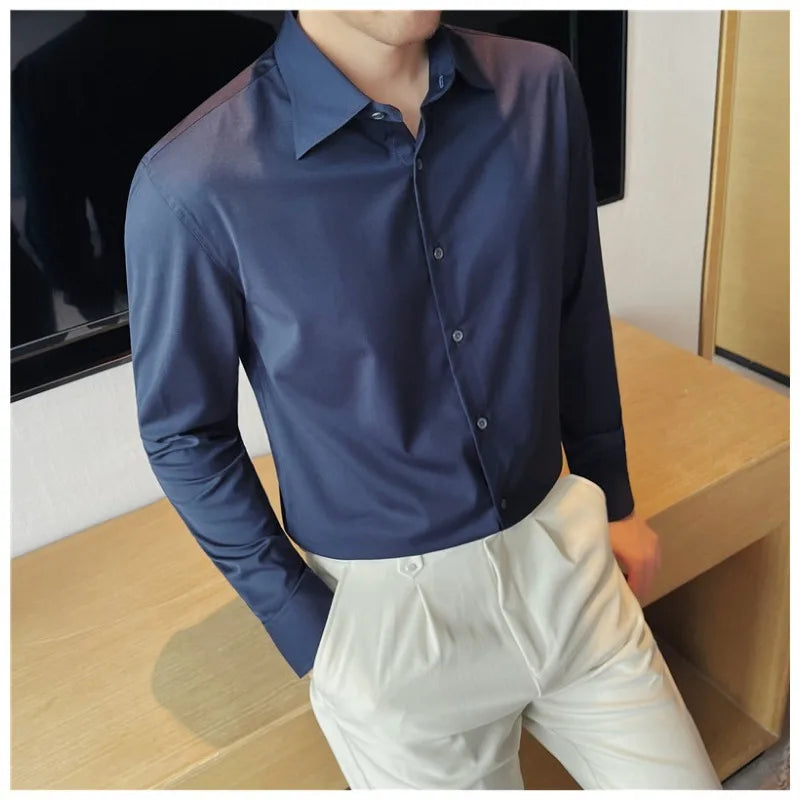 Men's Bamboo Fiber Hidden Placket Shirt Breathable Long Sleeve Button-Down for Business & Casual Wear