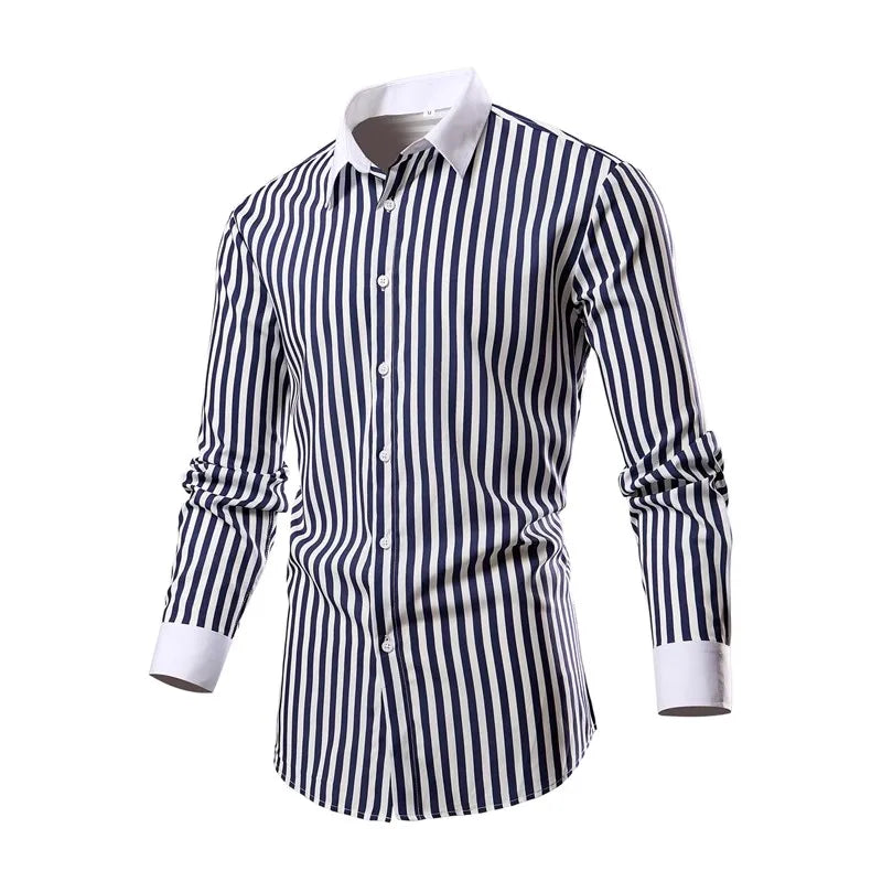 2026 Men's Classic Vertical Stripe Long Sleeve Shirt, Single Breasted Lapel Shirts, White Red Khaki Available, European Size