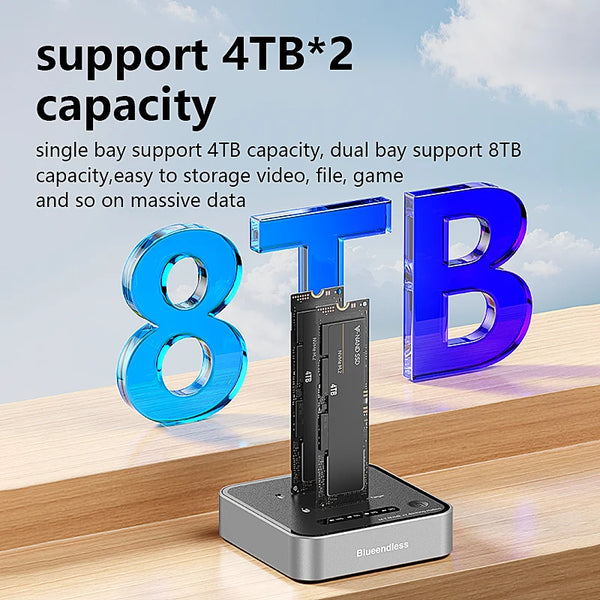 ឧបករណ៍អាន M.2 NVME SSD ក្លូន M.2 NVme SSD ច្រកពីរ Blueendless 20Gbps USB3.2 ប្រភេទ C ចម្លងក្លូនក្រៅបណ្តាញ NVme PCIE Enclosure