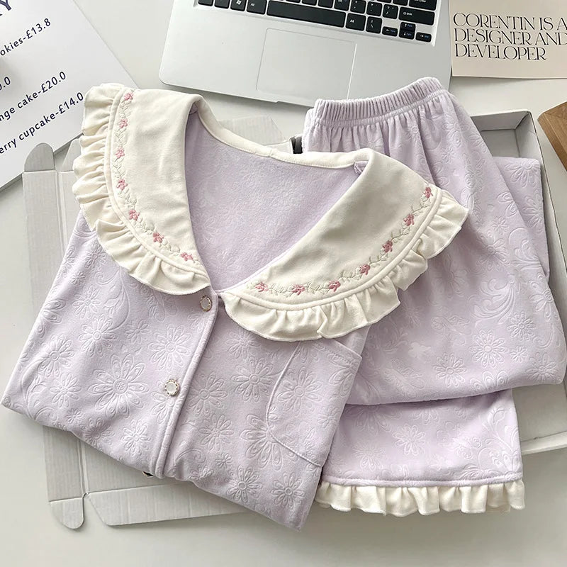 Casual Homewear Sprinmg Autumn Long Sleeve Trousers Ladies Pajamas Suit Lapel Top 2 Piece Set Sleepwear Women's Home Nightwear