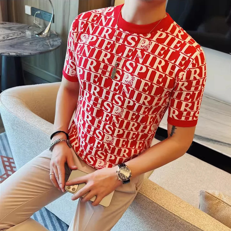 Men's Slim Fit Short Sleeve T-Shirt Casual Round Neck Letter Print Knitted Top