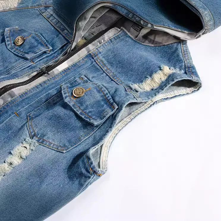 Men's Sleeveless Hooded Denim Jacket for Spring and Fall; Blue Single-breasted Distressed Vest; Asian Sizes M–5XL.