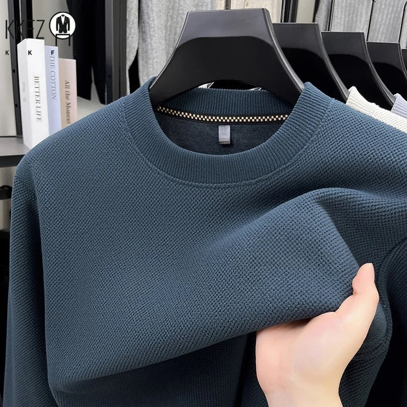 Men Thick Fleece Lined Waffle Knit Pullover Long Sleeve Crew Collar Relax Fit Warm Daily Office Wear Top