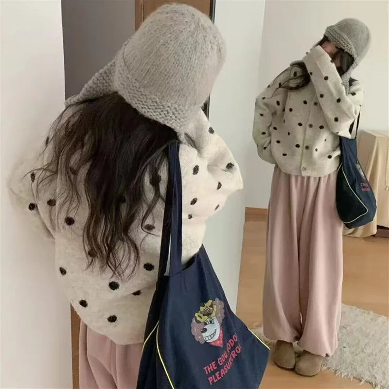 New Jersey For Women Spring Autumn Korean Sweaters & Jumpers Short Woolen Coat Polka Dot Woman Clothing Knitwear Female Jacket